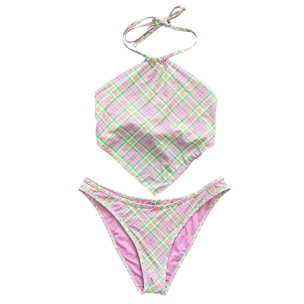 Victoria's Secret PINK x Frankies Bikinis Plaid Bandana Halter Bikini Set L/M